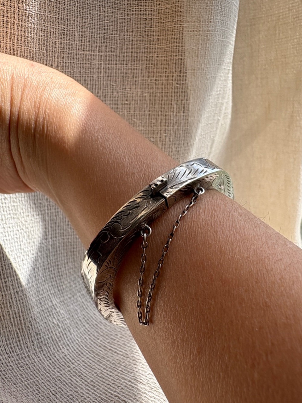 Engraved Oval Silver Bangle Bracelet